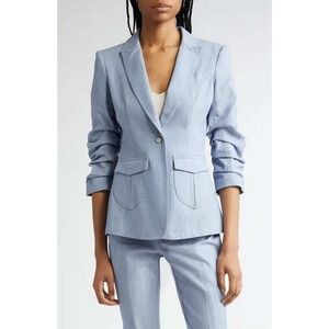 Cinq a Sept Khloe Ruched Sleeve Blazer Light Blue Denim Twill Jacket Size 4